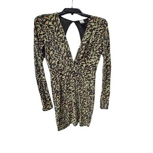 Monaco Black & Gold Metalic Glitter Deep V Mini Dress Keyhole Back Size M